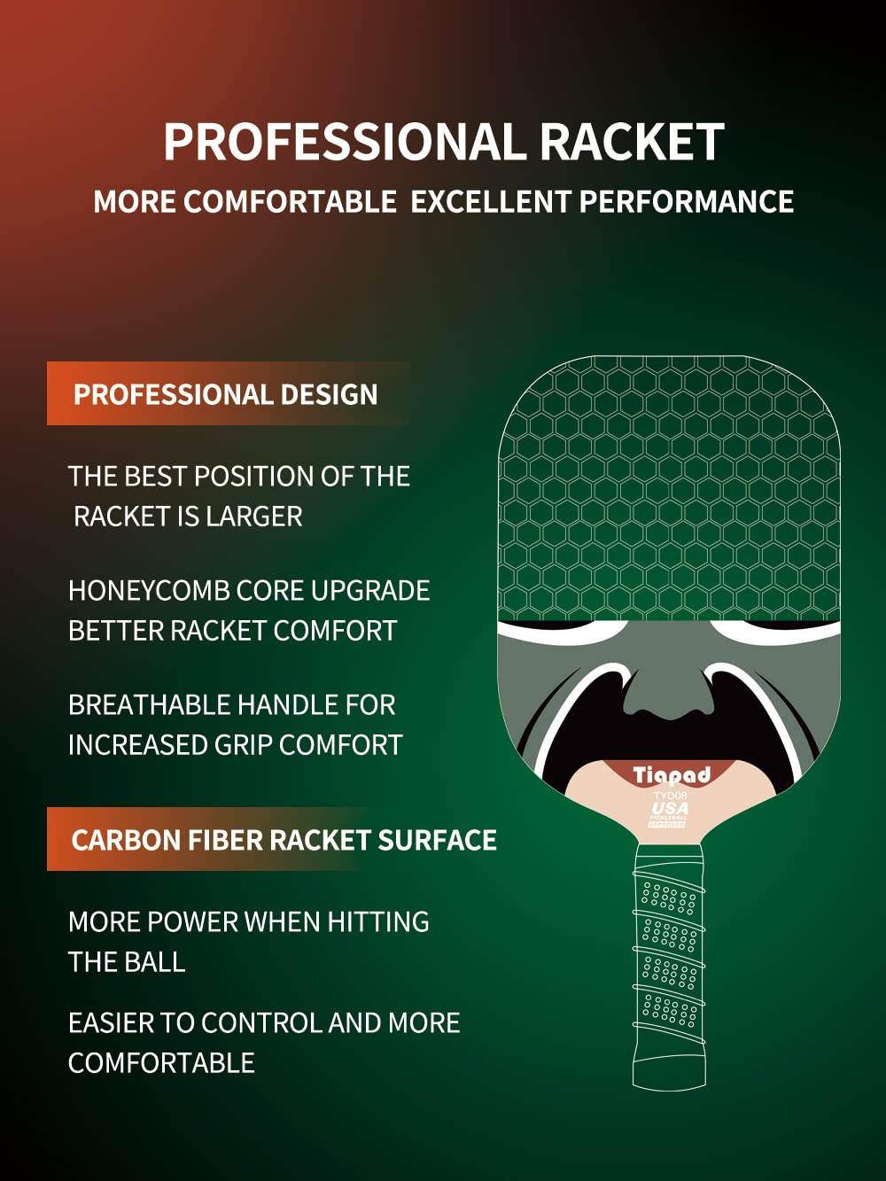 Pickleball Racket Set of 2, USAPA Approved Carbon Fiber Surface Pickleball Paddles, Indoor & Outdoor Pickle Balls for Women Men