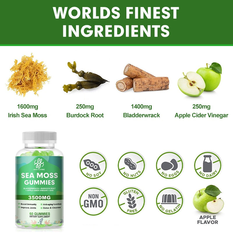 Sea Moss Gummies Organic Irish Moss Immune System Iodine supplement Gut Cleanse & Thyroid Supplement Weights Management
