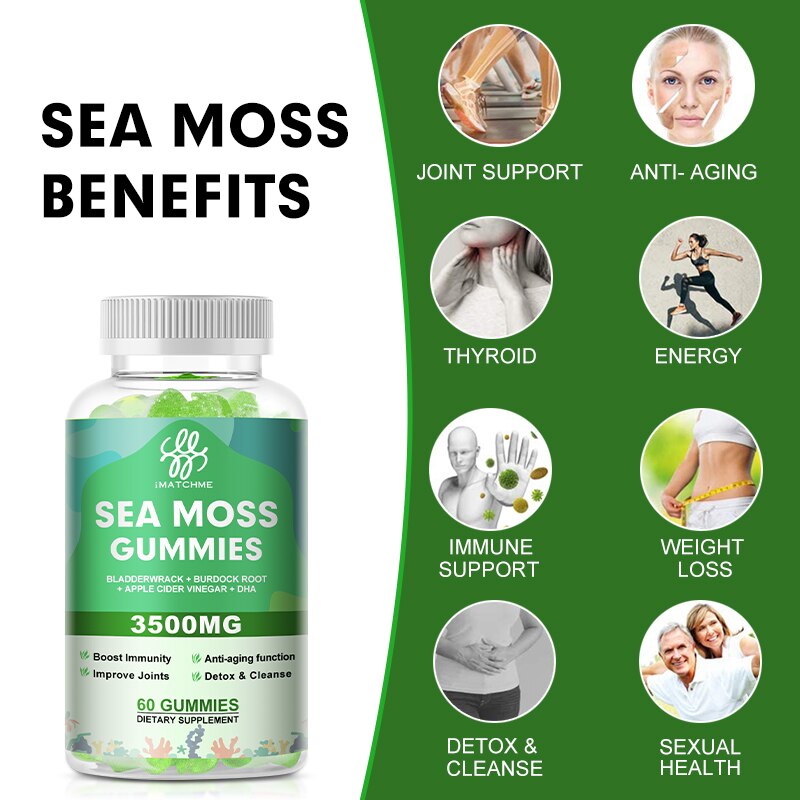 Sea Moss Gummies Organic Irish Moss Immune System Iodine supplement Gut Cleanse & Thyroid Supplement Weights Management