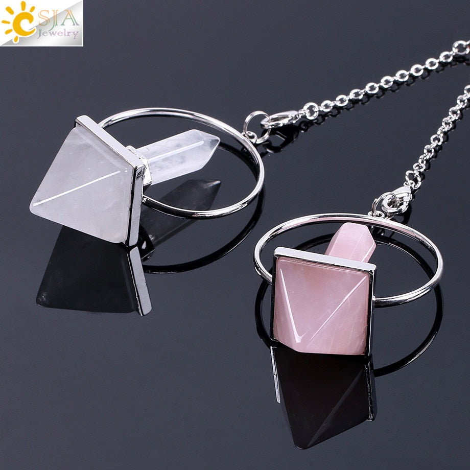 Chakra Natural Stone Pendulum for Dowsing Hexagonal Prism Pyramid White Pink Crystal Obsidian Pendants