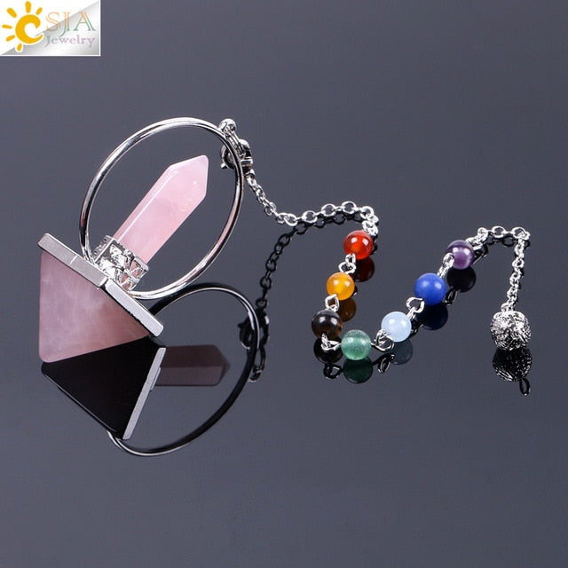 Chakra Natural Stone Pendulum for Dowsing Hexagonal Prism Pyramid White Pink Crystal Obsidian Pendants