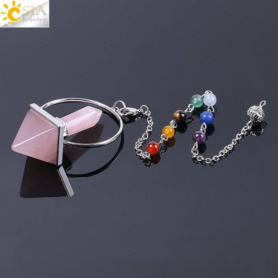 Chakra Natural Stone Pendulum for Dowsing Hexagonal Prism Pyramid White Pink Crystal Obsidian Pendants